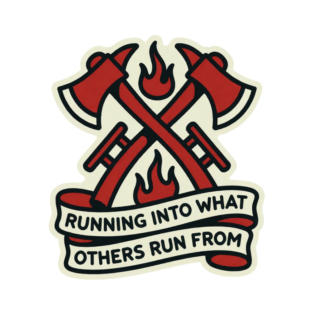 Running Into What Others Run From firefighter t-shirt design with crossed axes