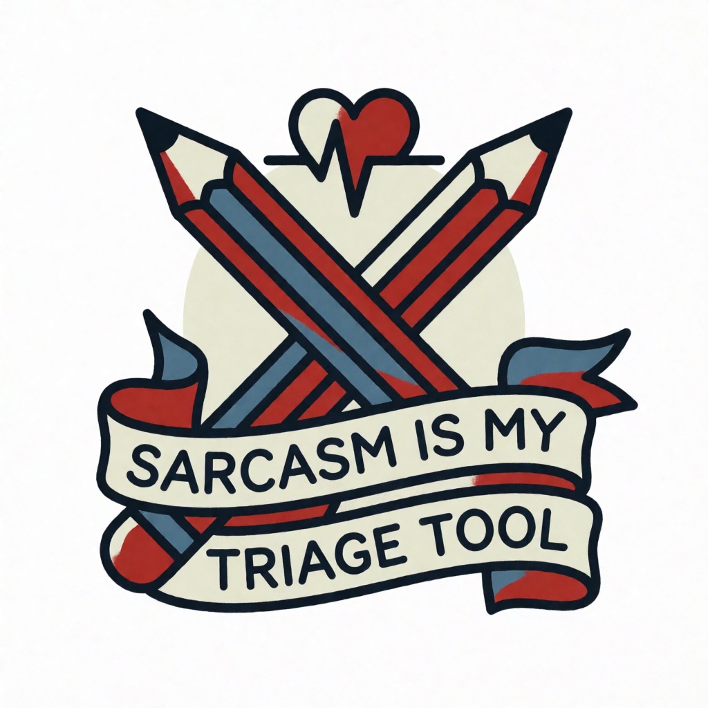 Sarcasm Is My Triage Tool funny nurse t-shirt design with crossed pencils and a heartbeat